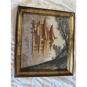 Silk Embroidered Pagoda Winter Scene Art With Golden Frame 11 x 13
